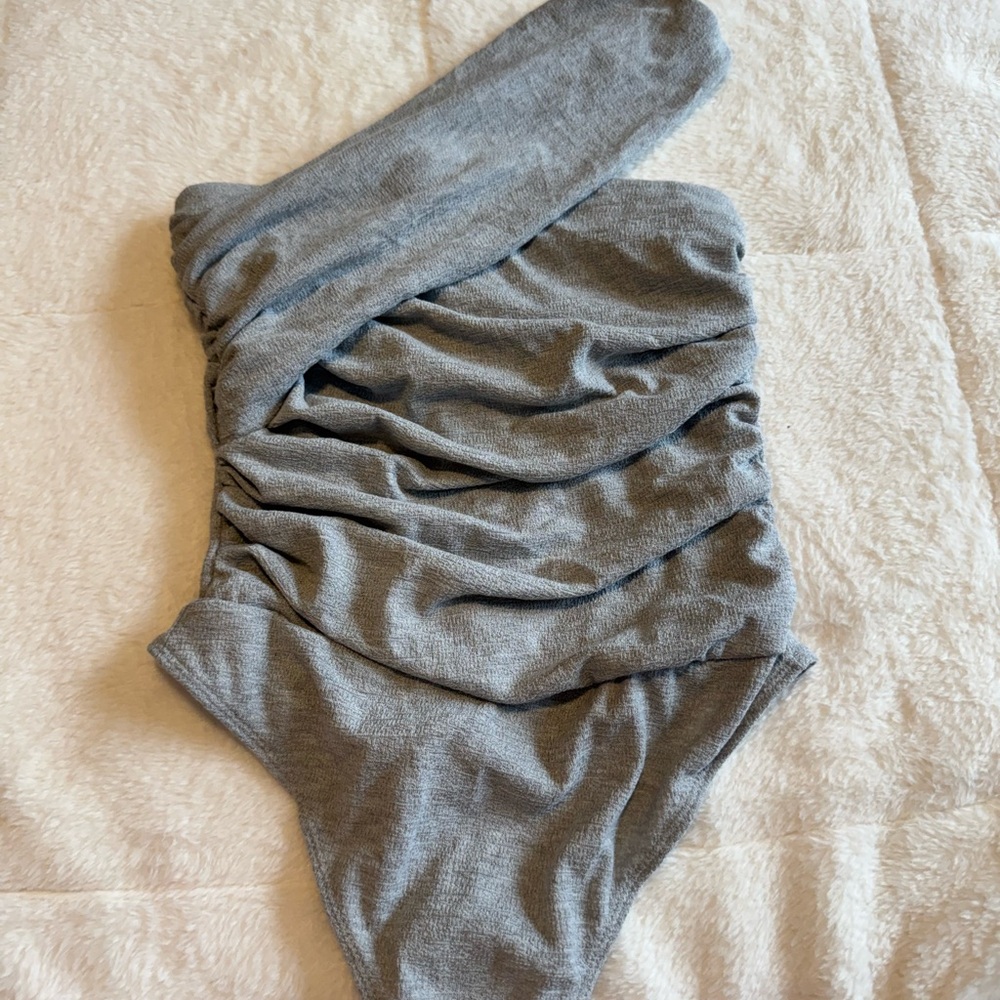 Gray One-Shoulder Ruched Bodysuit